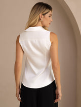 [Wit] SilkSilky-NL Sleeveless Lapel Collar Dames Blouse 002