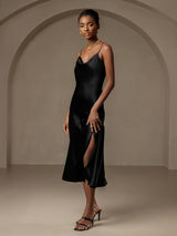 [Zwart] SilkSilky-NL Spaghetti Bandjes Waterval Hals Jurk 003