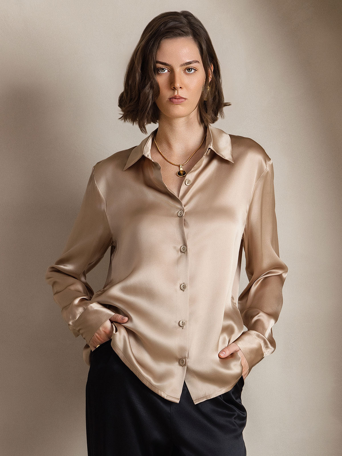[Champagne] SilkSilky-NL Long Sleeve Lapel Collar Dames Blouse 001