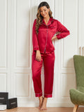 SilkSilky NL Pure Silk Lange Mouw Revers Dames Pyjama Set Donkerrood 003