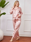 SilkSilky NL Pure Silk Lange Mouw Revers Dames Grote maten Pyjama Set Roze 006