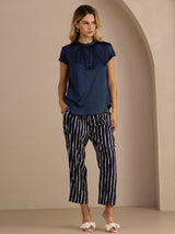 [Donkerblauw] SilkSilky-NL Short Sleeve Split Blouse 006