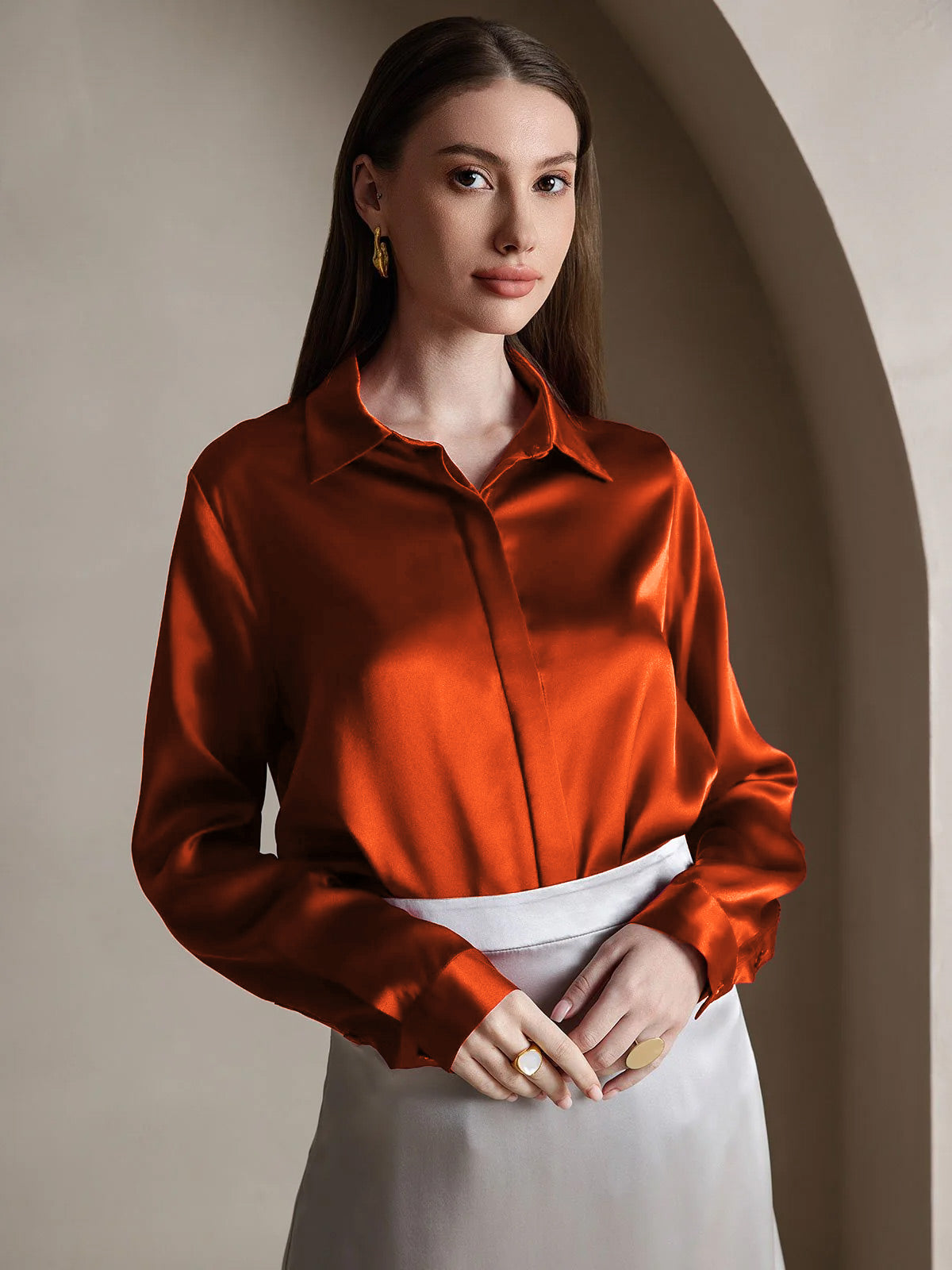 [Karamel] SilkSilky-NL 19Momme Zijde Lapel Collar Dames Blouse 001