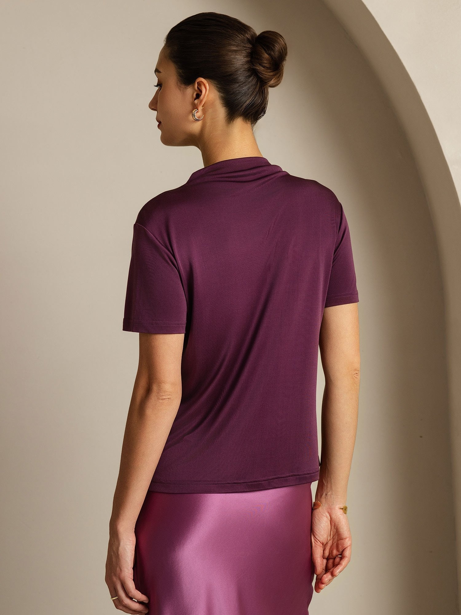 [Paars] SilkSilky-NL Zijde Kraag Dames T-Shirt 002