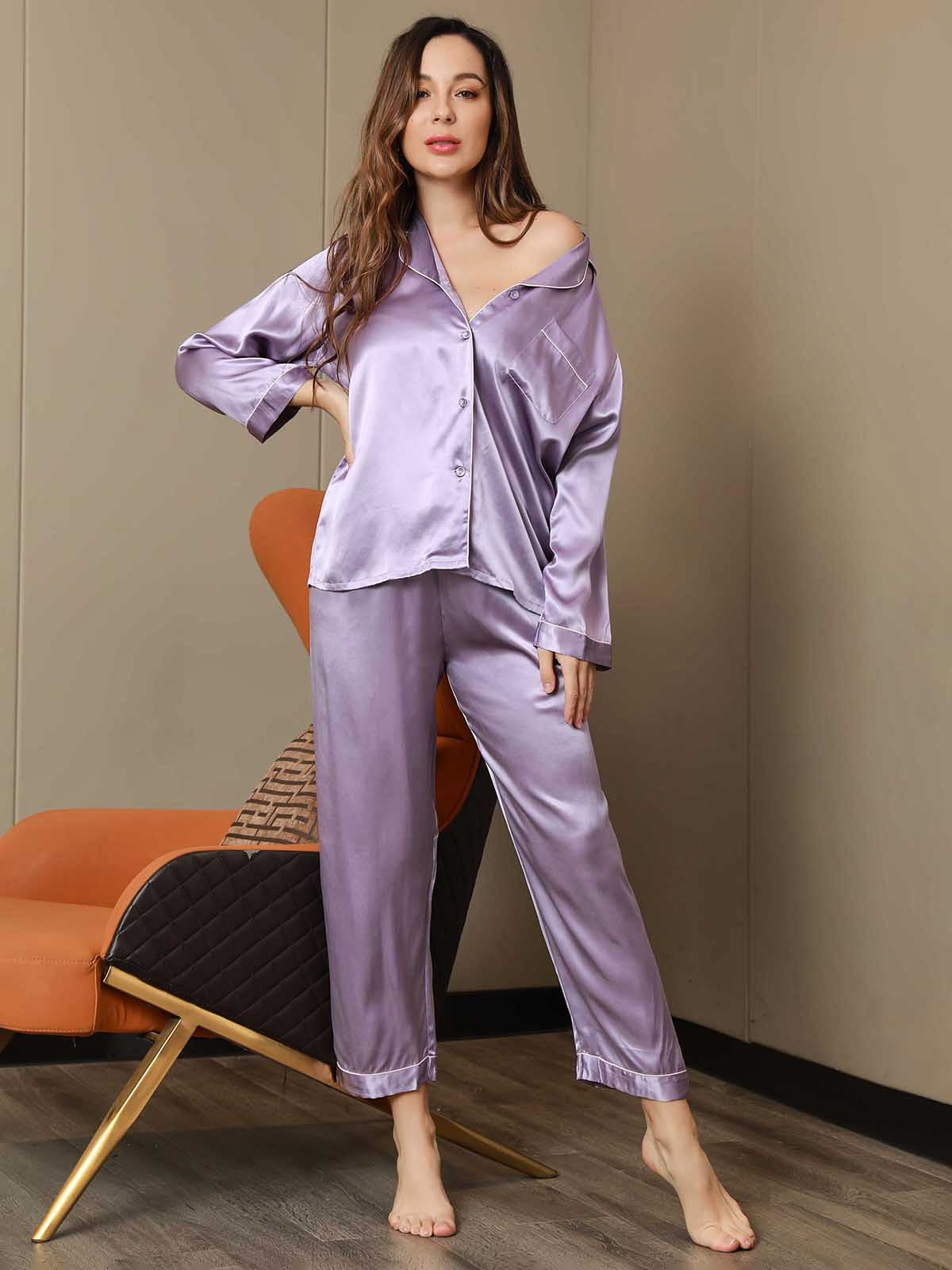 SilkSilky NL Pure Silk Lange Mouw Revers Dames Pyjama Set Lavendel 005