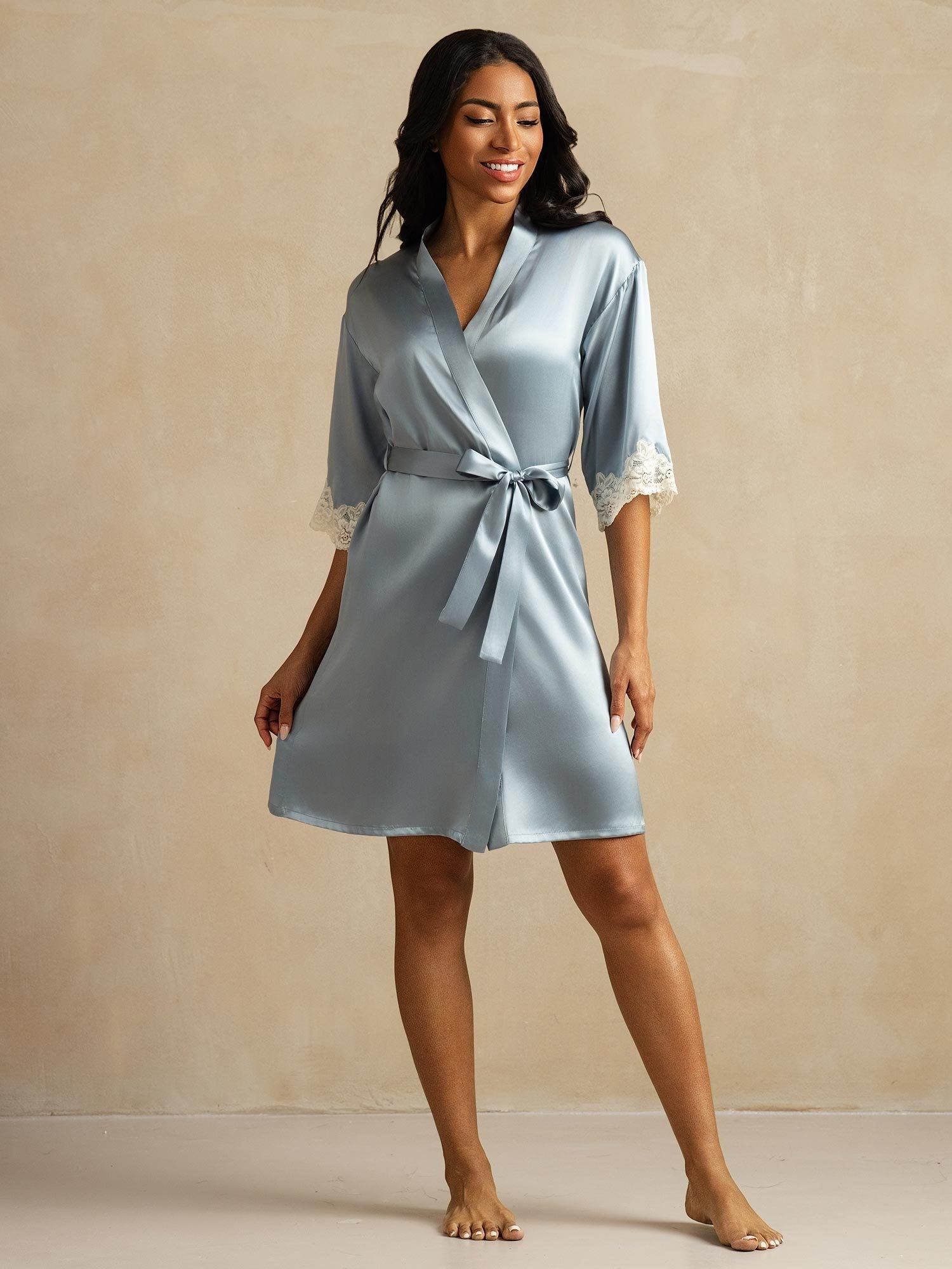 [Grijsachtig Blauw] SilkSilky-NL Zijde Womens Robe 006