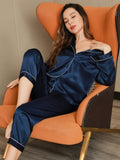 SilkSilky NL Pure Silk Lange Mouw Revers Dames Pyjama Set Donkerblauw 001