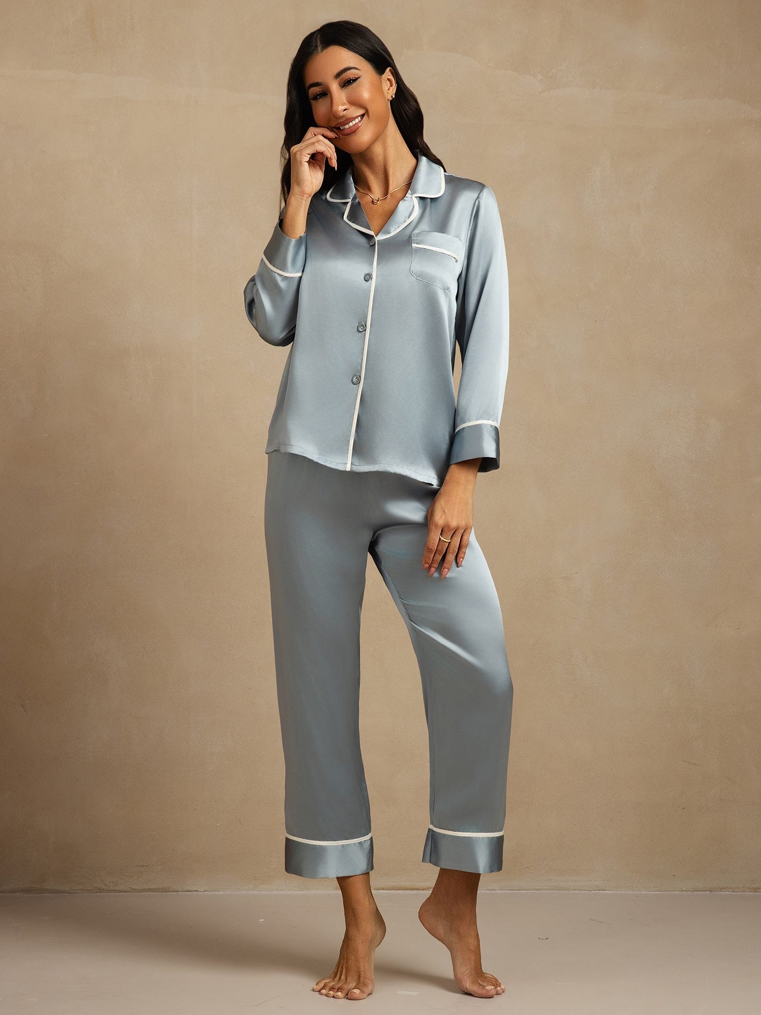 [GrijsachtigBlauw] SilkSilky-NL Zijde Kraag Dames Pyjama Set 006