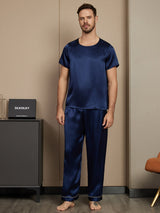 [Donkerblauw] SilkSilky-NL Pure Silk Korte Mouw Ronde Hals Heren Pyjama Set 003