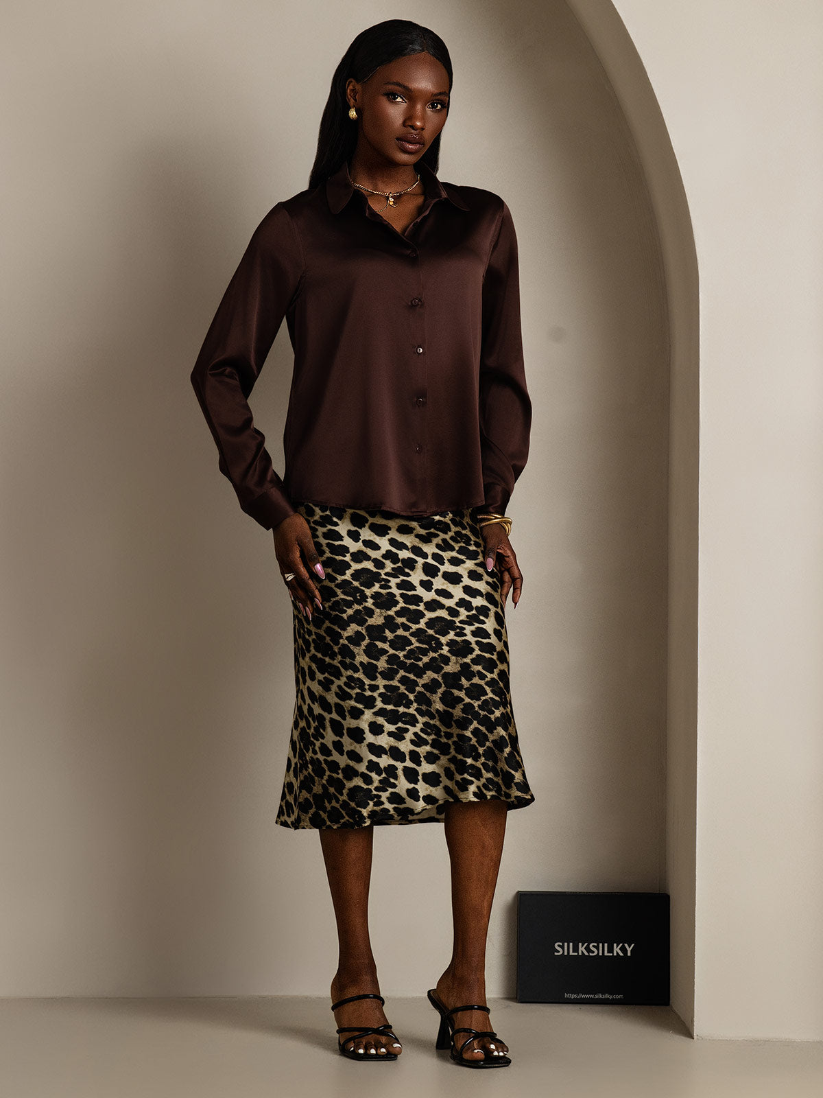 [Bruin] SilkSilky-NL Zijde Kraag Dames Blouse 005