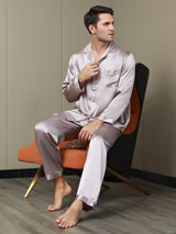 [Bleek Mauve] SilkSilky-NL Lange Mouw Notchkraag Heren Pyjama Set 001