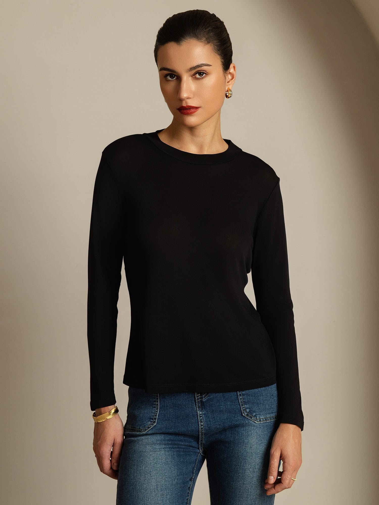 [Zwart] SilkSilky-NL Zijde Ronde Hals Dames T-Shirt 001