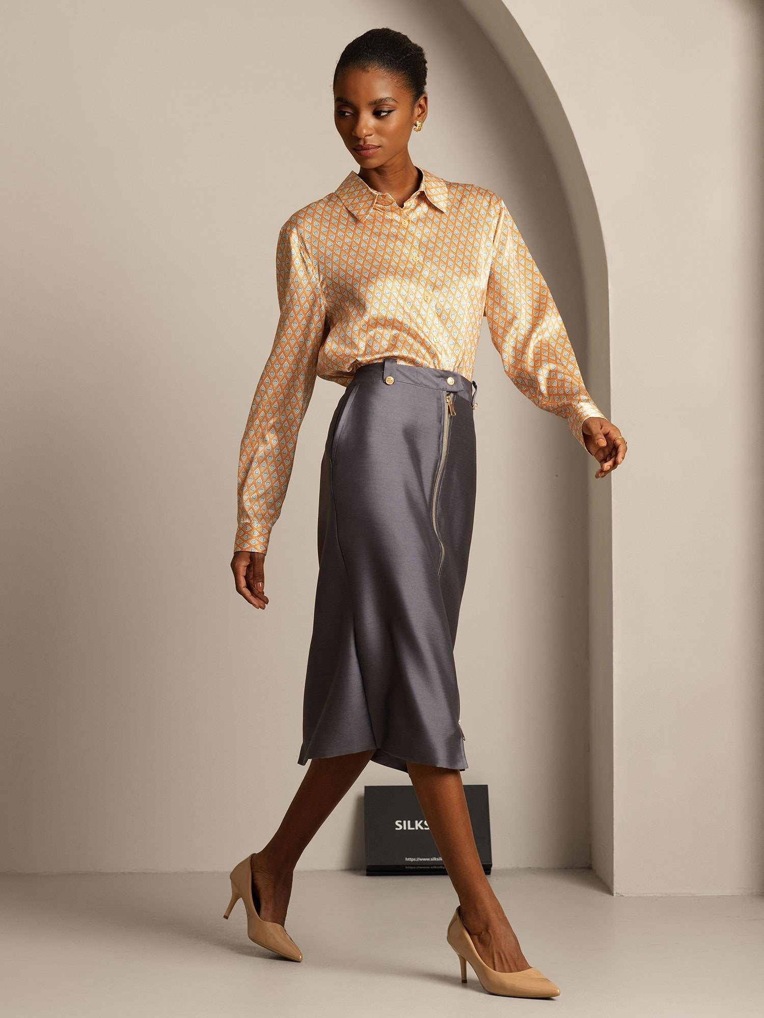 [Grijs] SilkSilky-NL 32Momme Silk-Wool Blend Skirt 006,