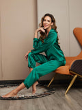 SilkSilky-NL Lange Mouw Revers Dames Pyjama Set Groen 005