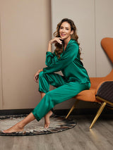 [Groen] SilkSilky-NL Long Sleeve Lapel Collar Dames Pyjama Set 005