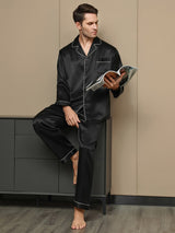 [Zwart] SilkSilky-NL Lange Mouw Notchkraag Heren Pyjama Set 001