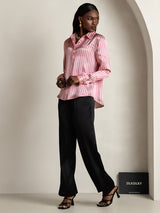 [Roze Streep] SilkSilky-NL Long Sleeve Lapel Collar Dames Blouse 007
