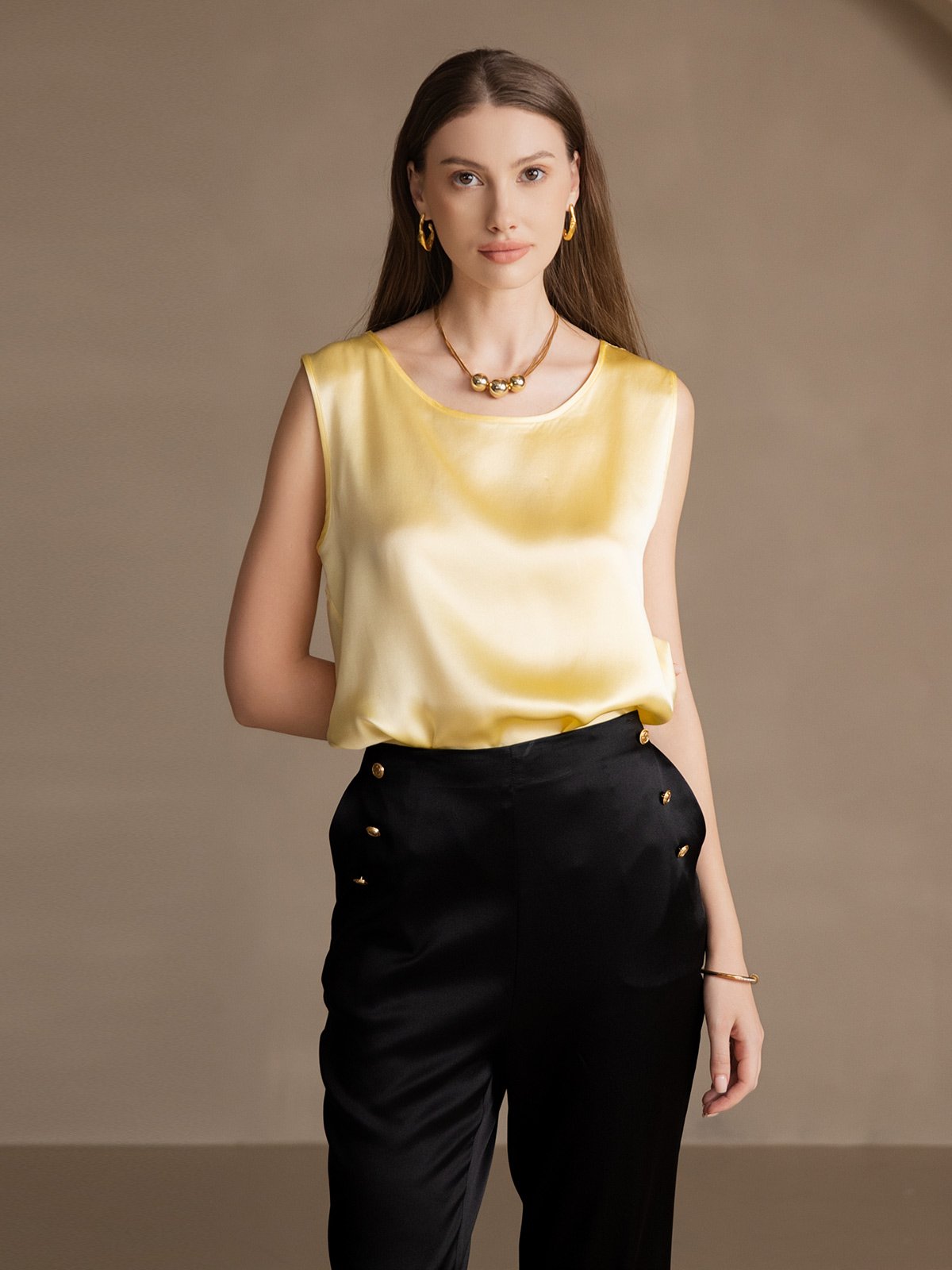 [Lichtgeel] SilkSilky-NL 19Momme Zijde Ronde Hals Cami-Top 004