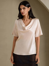 [Beige] SilkSilky-NL Short Sleeve Cowl Neck Blouse 003