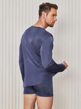 [Donkerblauw] SilkSilky-NL Lange Mouw Ronde Hals Heren T-Shirt 002