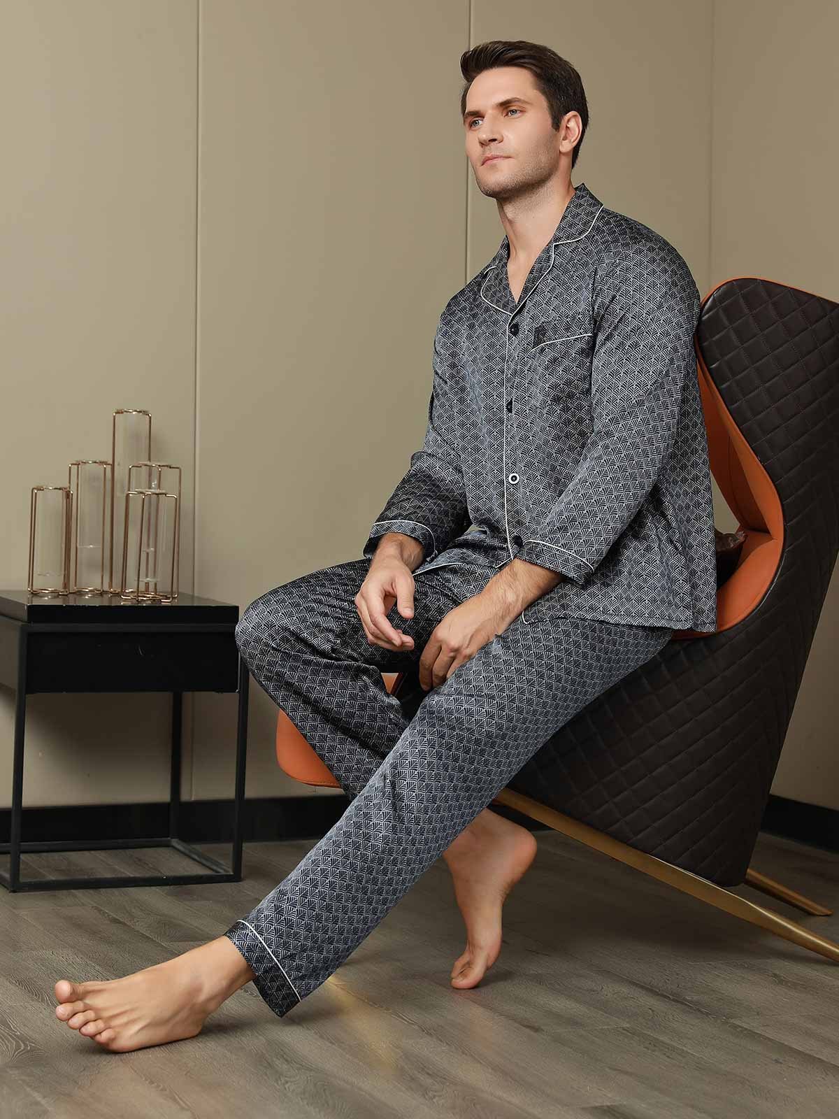 [Marine Ginkgo] SilkSilky-NL 19Momme Mens Pajamas 003