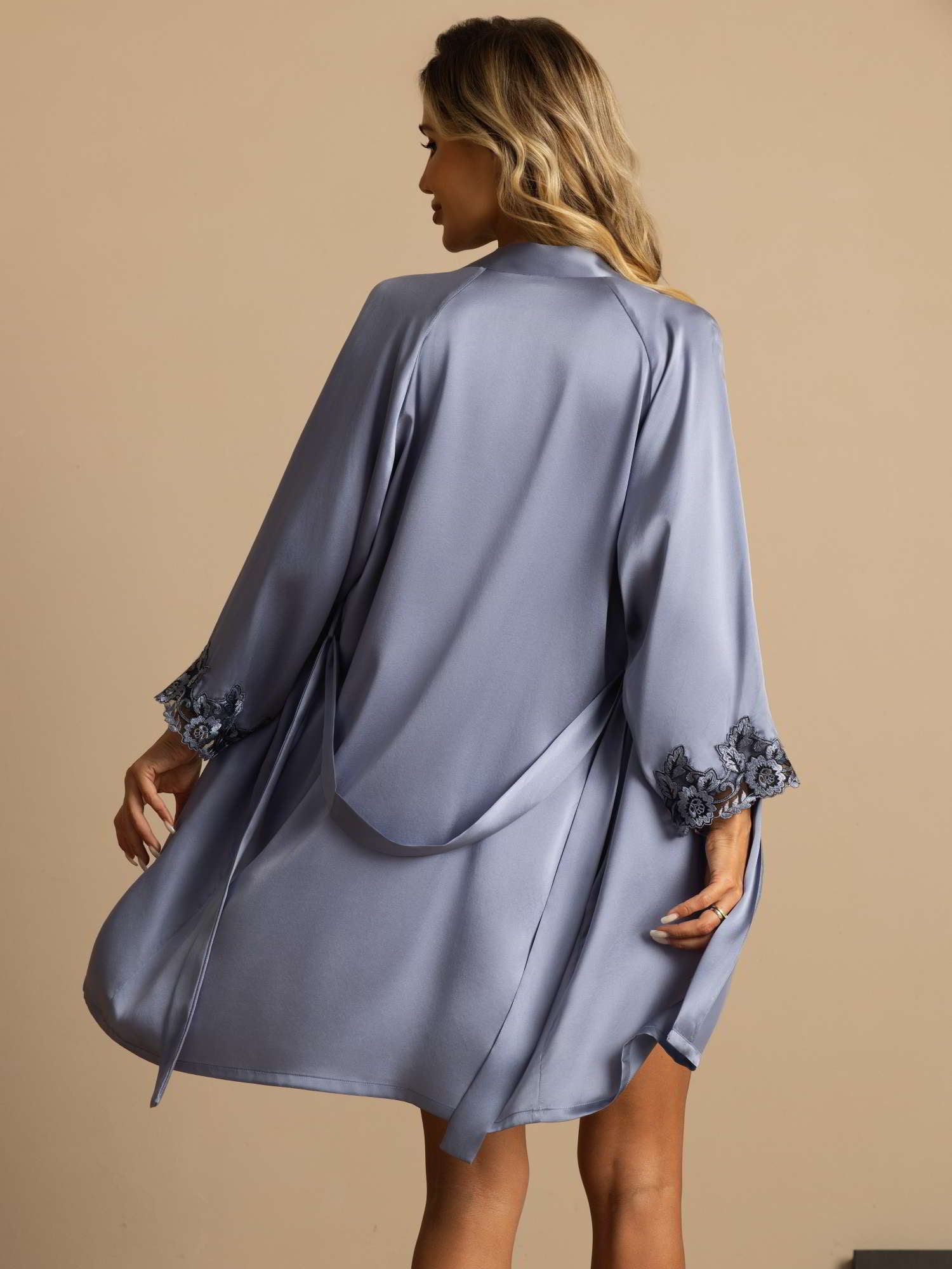 [Staal Blauw] SilkSilky-NL Zijde 3/4 Mouw Womens Pajamas 002