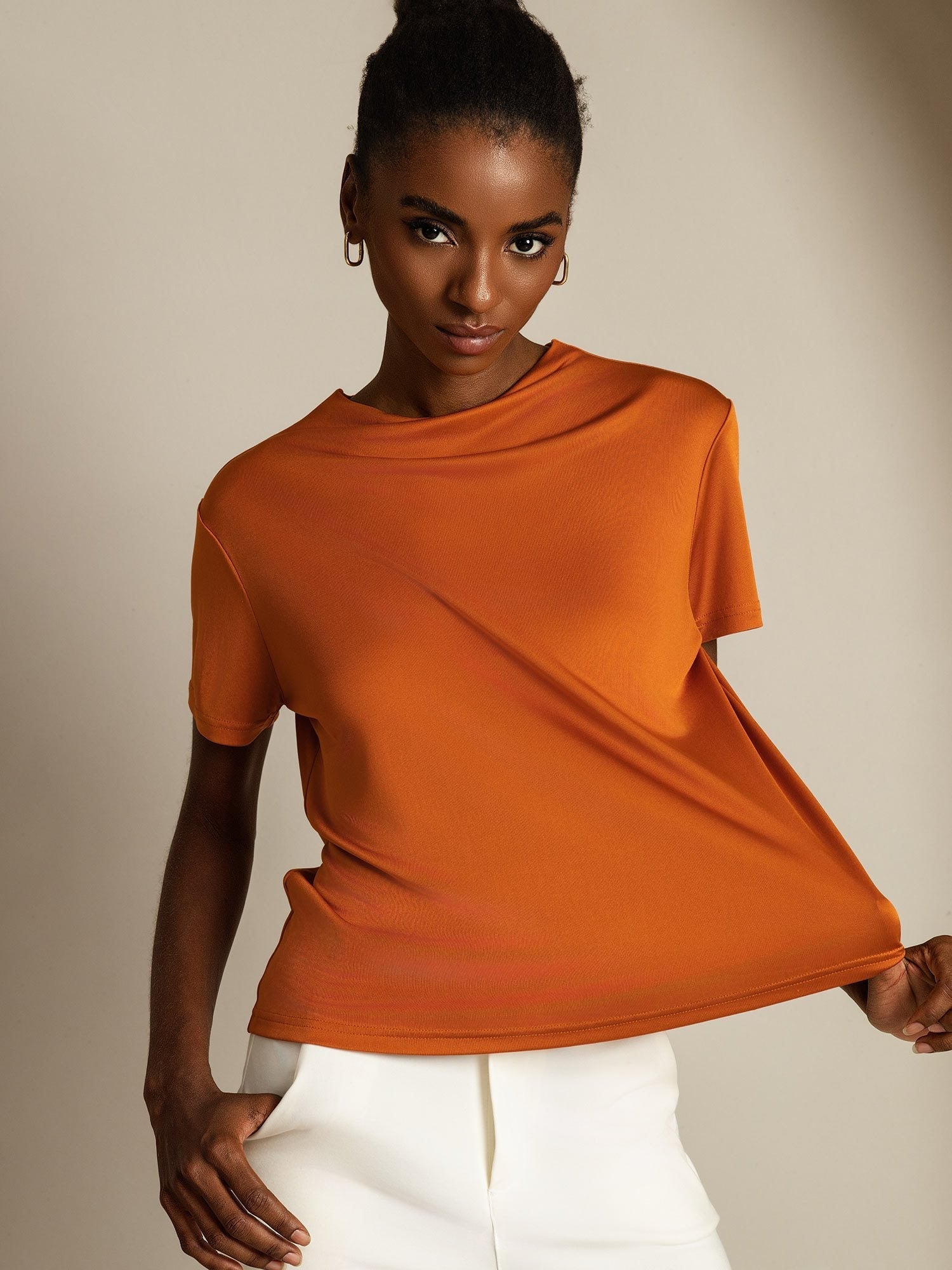 [Oranje] SilkSilky-NL Zijde Kraag Dames T-Shirt 001