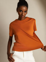 [Oranje] SilkSilky-NL 100% Silk Jersey Short Sleeve Mock Neck Dames T-Shirt 001