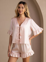 [Roze] SilkSilky-NL Short Sleeve V Neck Dames Pyjama Set 003