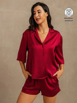 [Wijn] SilkSilky-NL 19Momme Halve Mouw Notchkraag Dames Pyjama Set 001