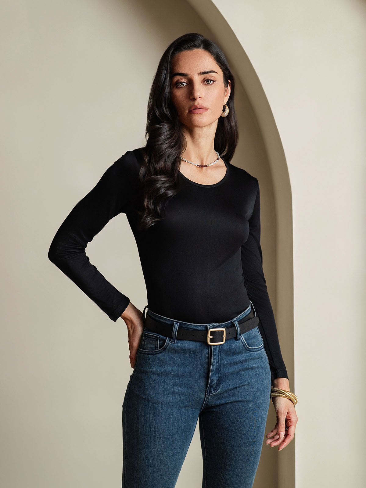 [Zwart] SilkSilky-NL Zijde Ronde Hals Dames T-Shirt 001
