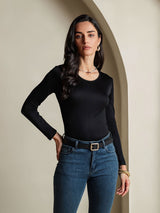 [Zwart] SilkSilky-NL Lange Mouw Ronde Hals Dames T-Shirt 001