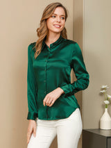 [Donkergroen] SilkSilky-NL Long Sleeve Lapel Collar Dames Blouse 001