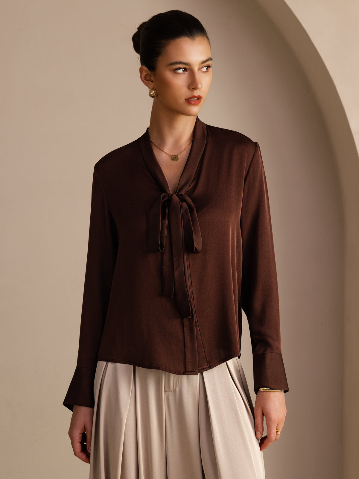 [Pure Chocolade] SilkSilky-NL Long Sleeve Tie Neck Blouse 001