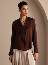 [Pure Chocolade] SilkSilky-NL Long Sleeve Tie Neck Blouse 001