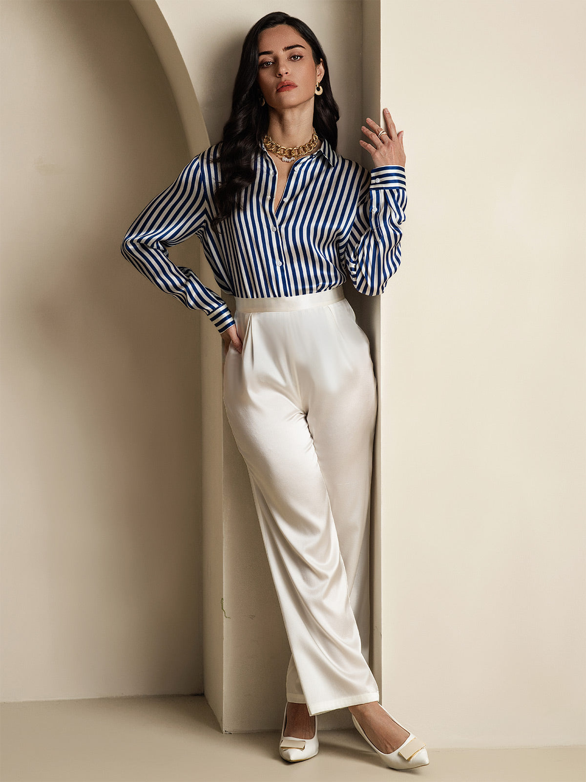 [Blauw] SilkSilky-NL Zijde Kraag Dames Blouse 009