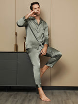 [Grijsachtig Groen] SilkSilky-NL Pure Silk Lange Mouw Revers Heren Pyjama Set 004