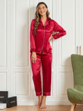 SilkSilky NL Pure Silk Lange Mouw Revers Dames Pyjama Set Donkerrood 001