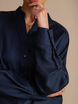 [Donkerblauw] SilkSilky-NL Long Sleeve Split Blouse 005