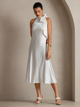 [Wit] SilkSilky-NL 19Momme Stretch Silk Charmeuse Sleeveless Tie Neck Jurk 001
