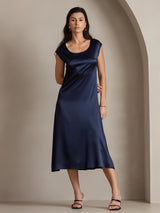 [Donkerblauw] SilkSilky-NL Kapmouwtjes Diepe Ronde Hals Jurk 001