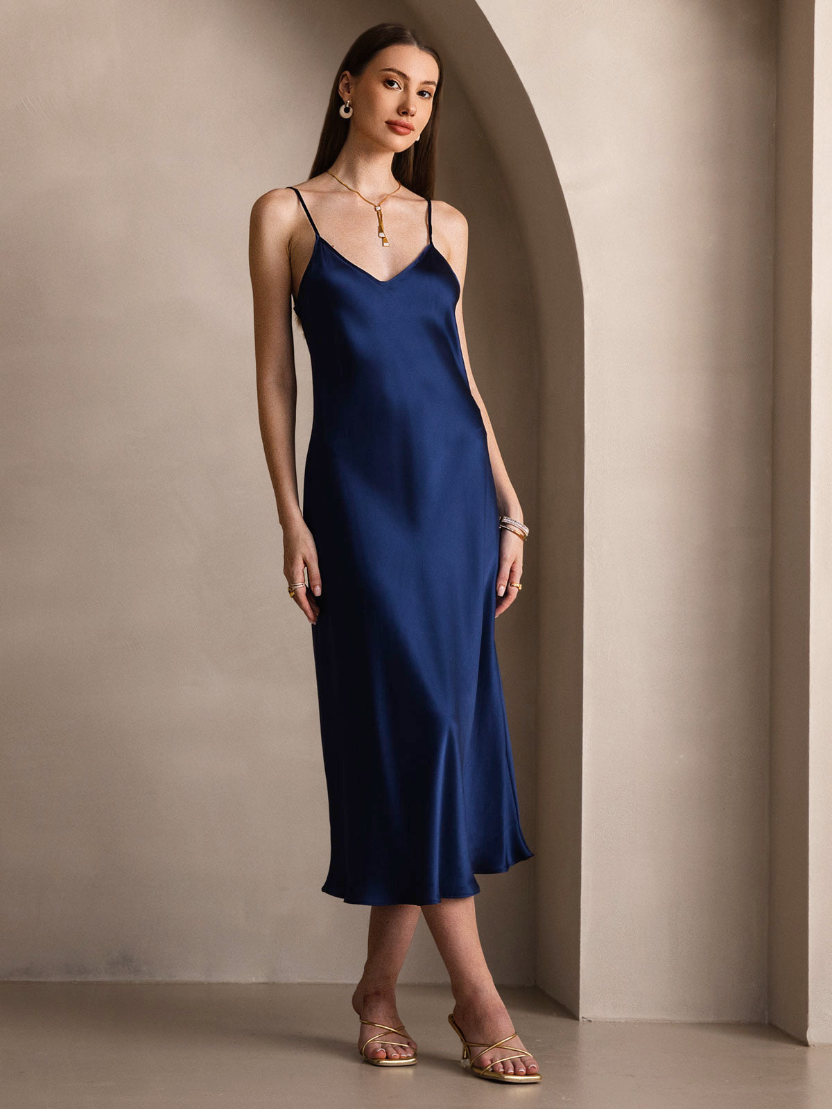 [Donkerblauw] SilkSilky-NL Ronde Hals Jurk 004