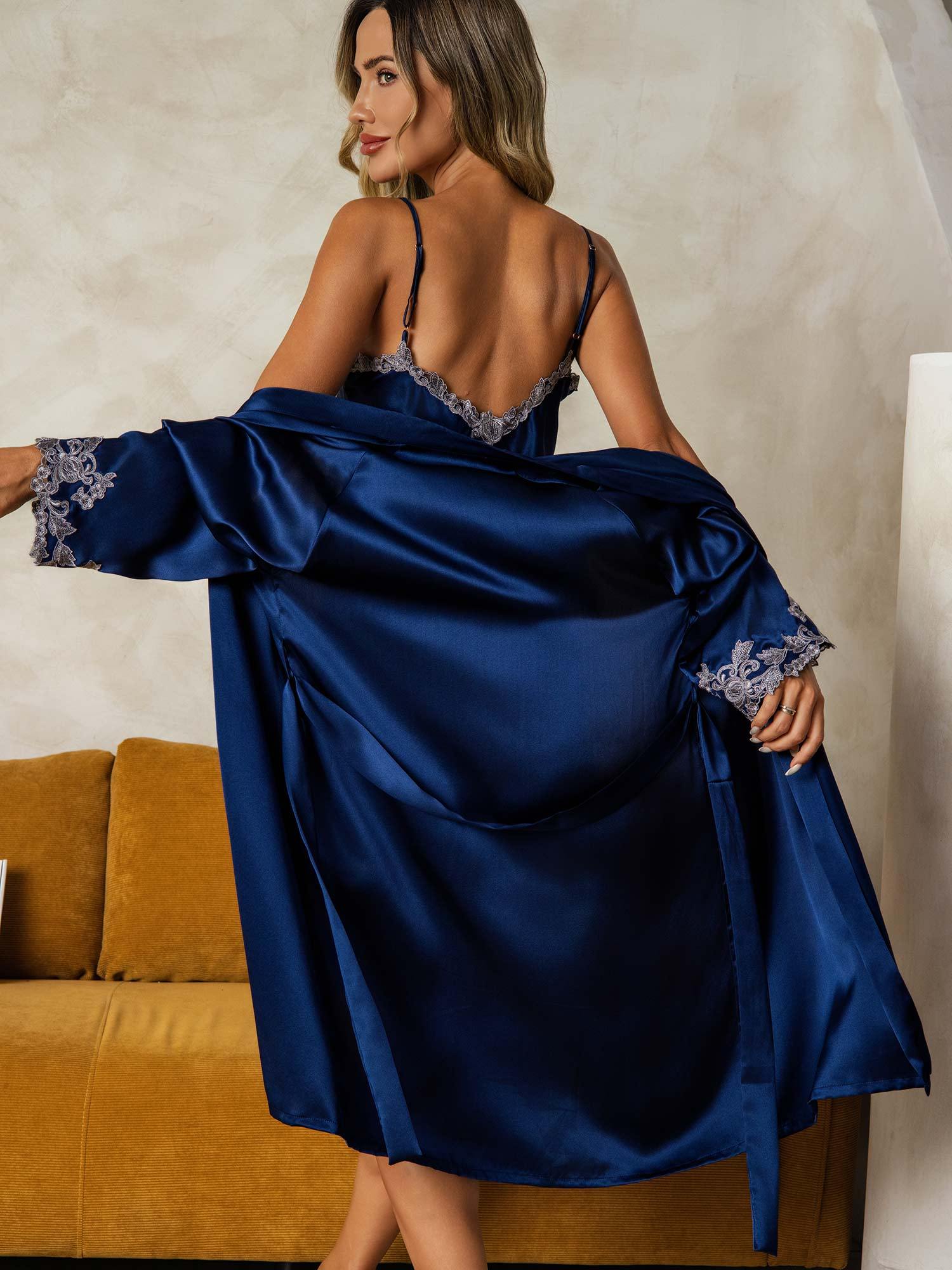 [Donkerblauw] SilkSilky-NL Zijde Nightgown&Robe Set 002