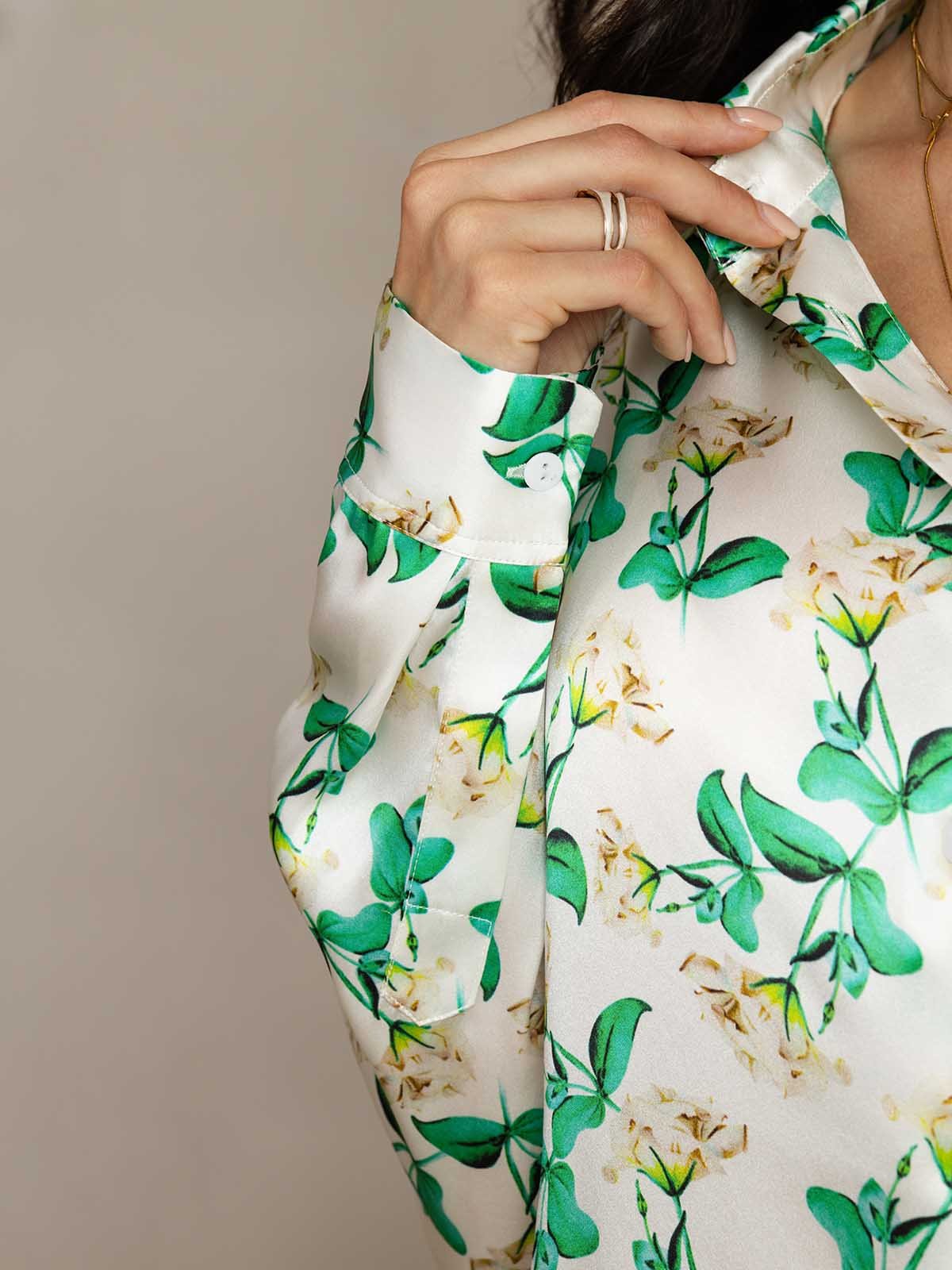 [Groene Bloemen] SilkSilky-NL 19Momme Zijde Kraag Women''s Outfit Sets 005