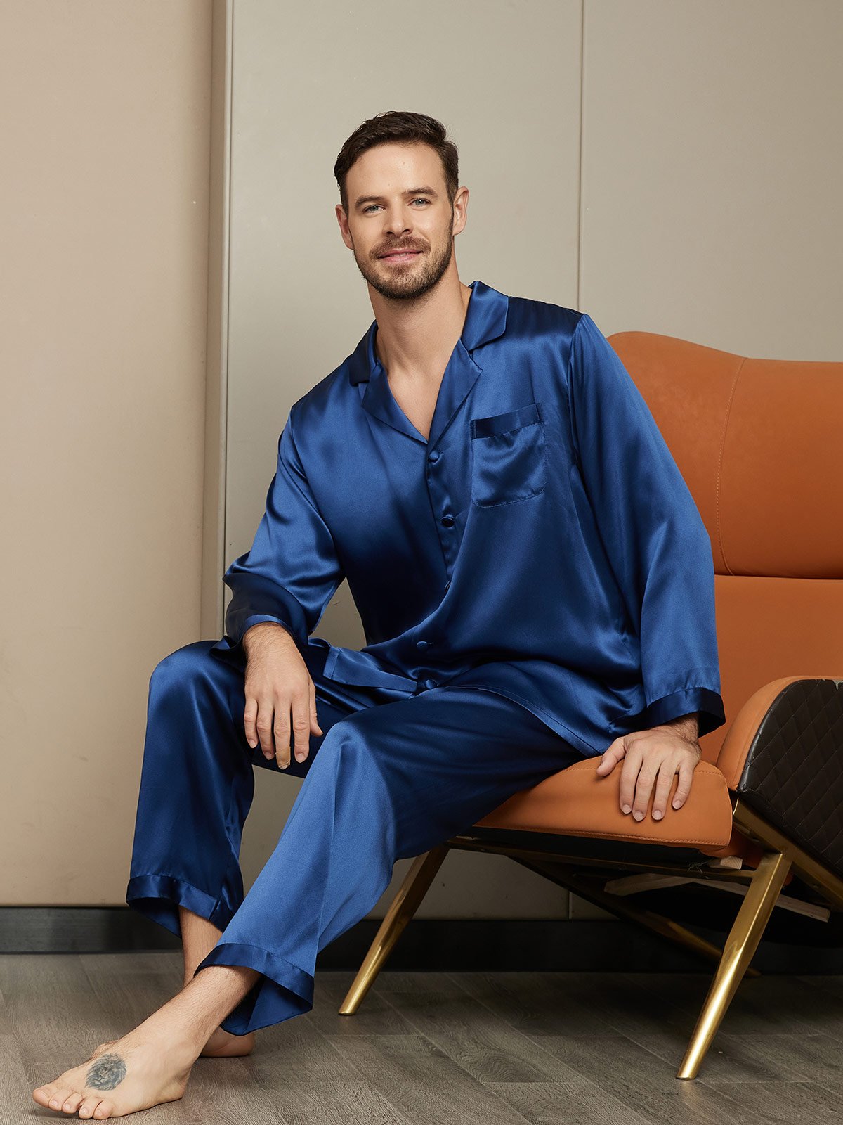 SilkSilky NL Pure Silk Lange Mouw Mens Pajamas Donkerblauw 003