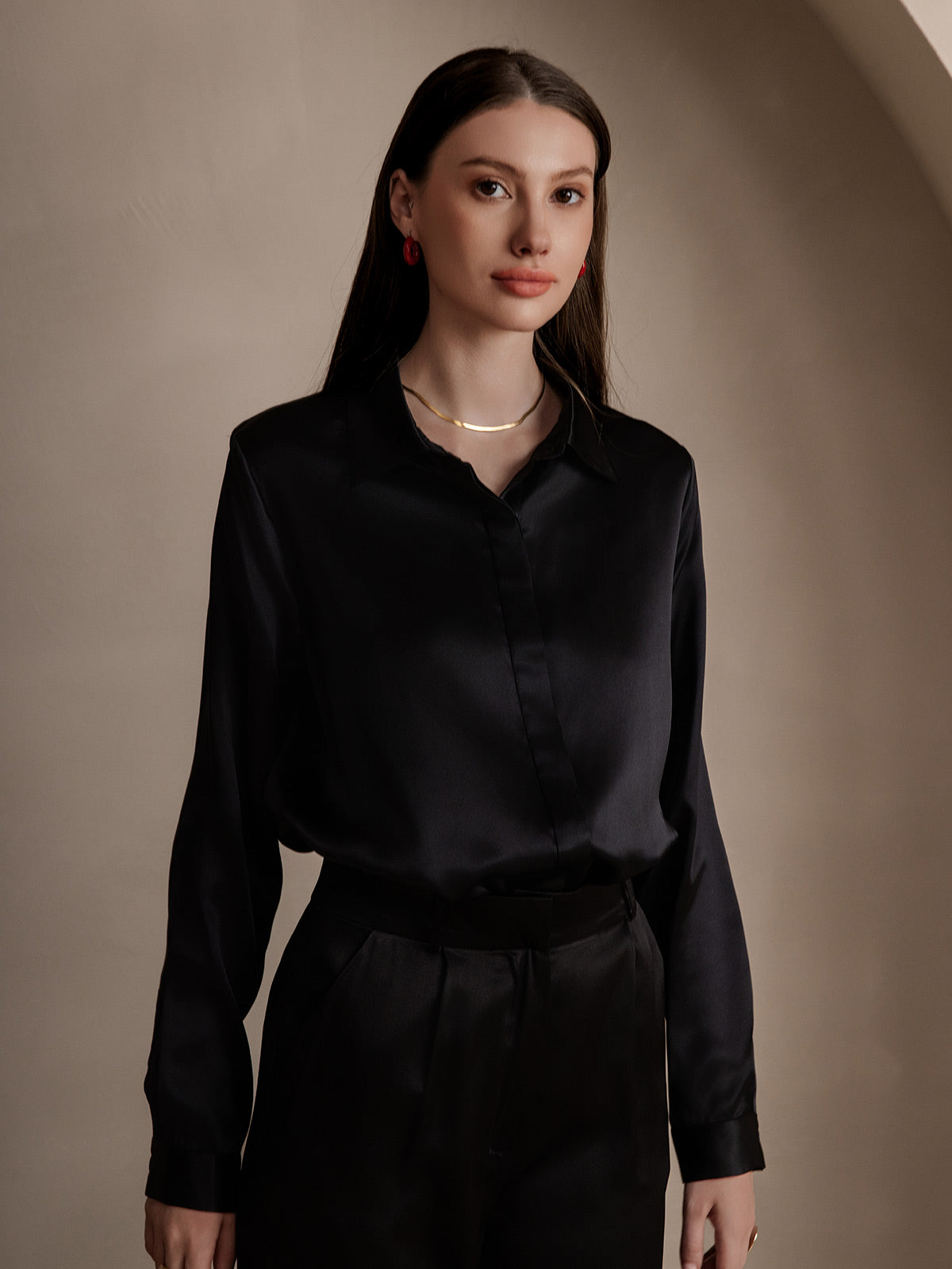 [Zwart] SilkSilky-NL 19Momme Zijde Lapel Collar Dames Blouse 004