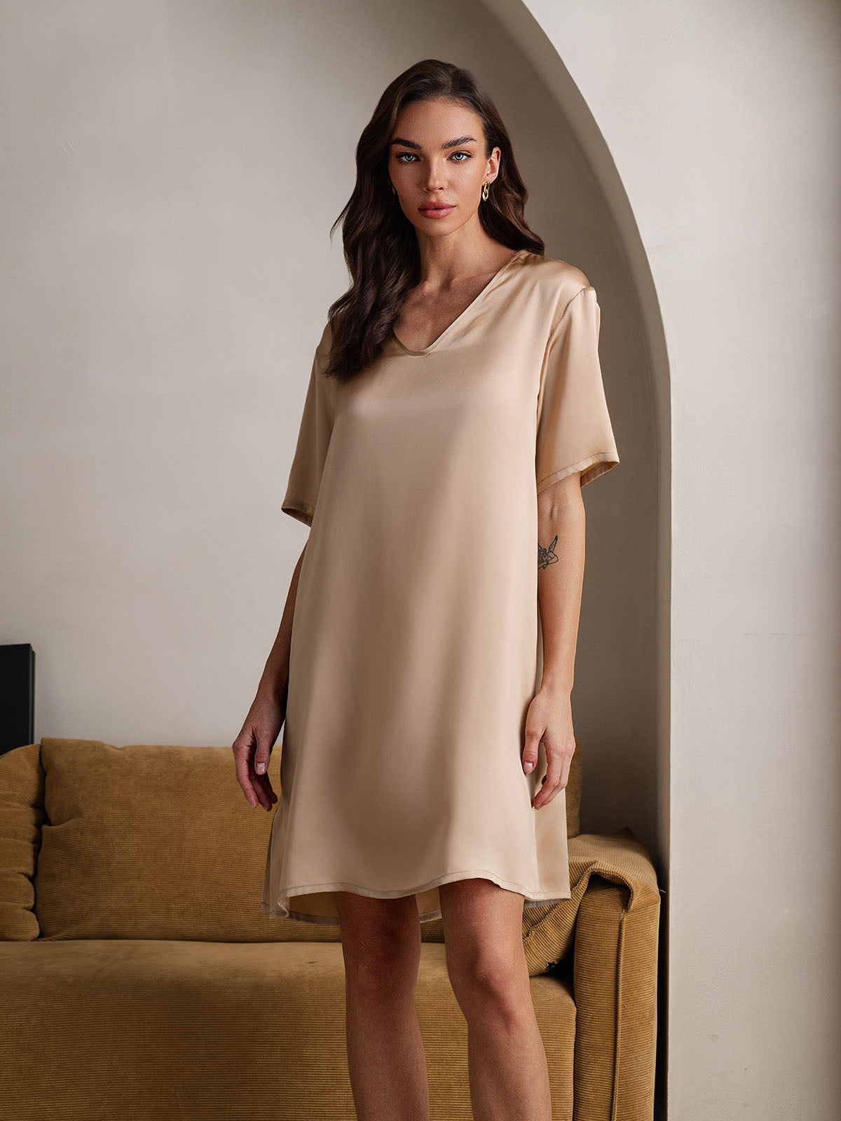 [Champagne] SilkSilky-NL V-Hals Nachthemd 006
