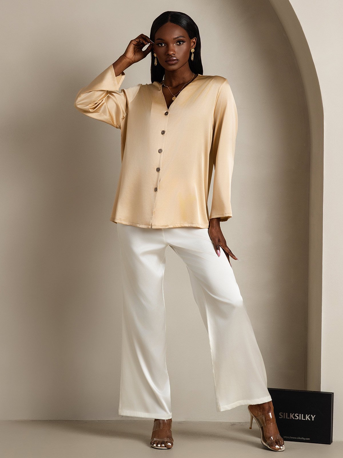 [Champagne] SilkSilky-NL 19Momme Zijde V-Hals Dames Blouse 005