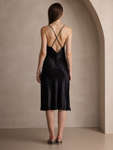 [Zwart] SilkSilky-NL Pure Silk Mouwloos V-Hals Jurk 002