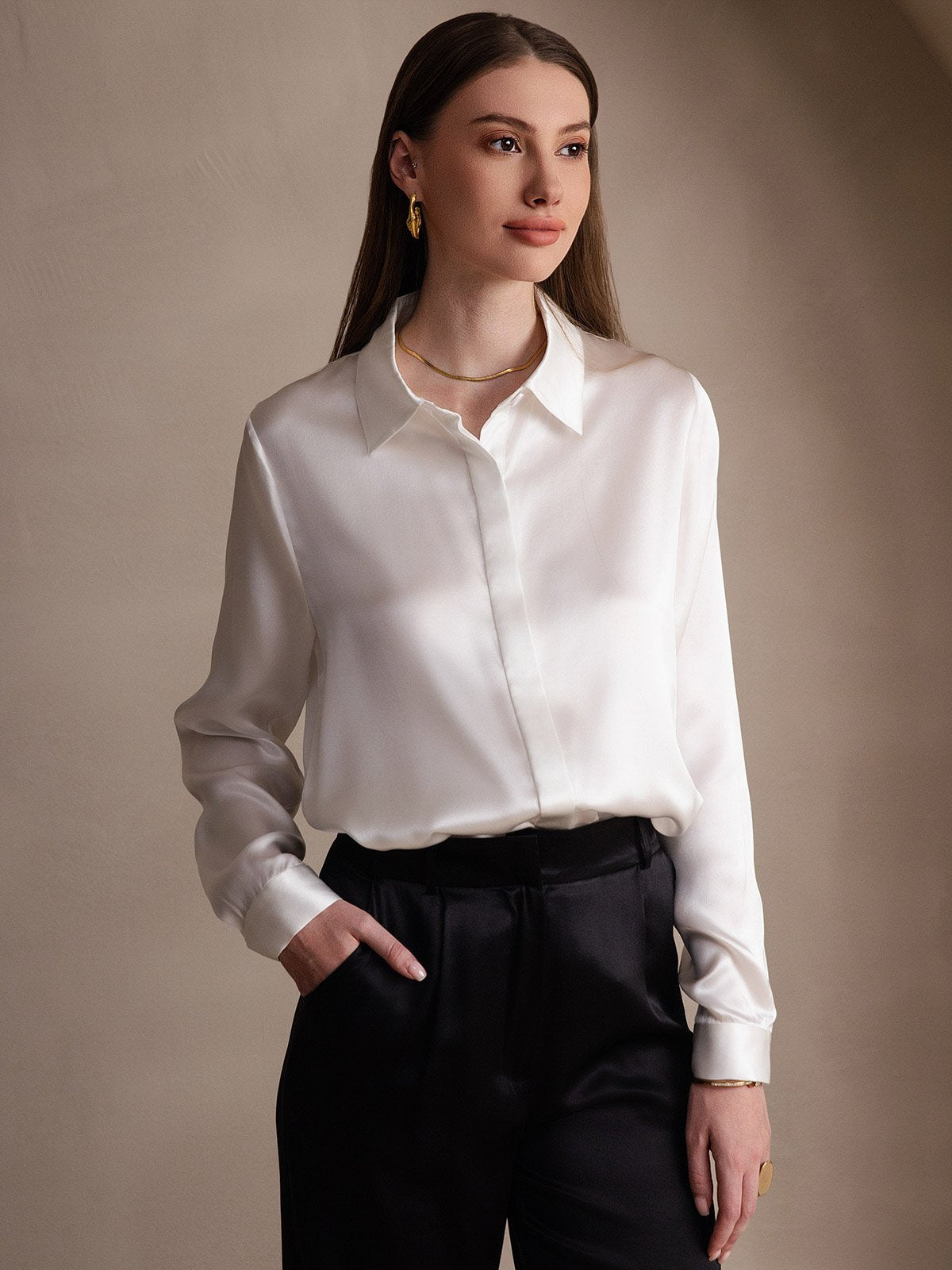 [Wit] SilkSilky-NL Long Sleeve Lapel Collar Dames Blouse 001